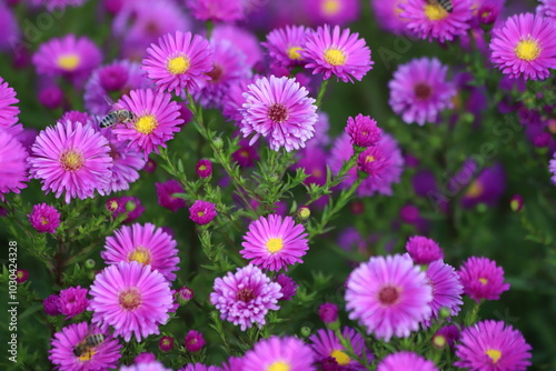 Purple Aster dumosus flowers in fall garden. 