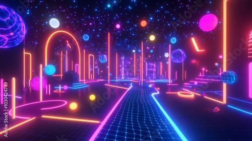 Neon playground VR experience with interactive light sculptures and shapes