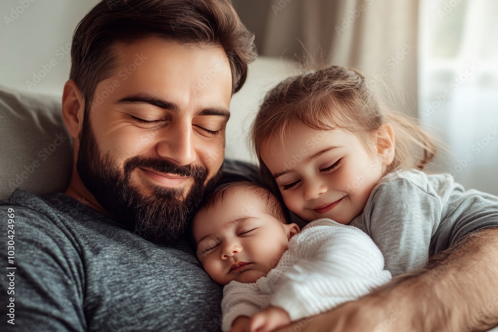 Heartwarming photo of a bearded father snuggling with his two young children a baby and a toddler in a cozy home setting filled with soft natural light and tender emotion Heartwarming photo of a bearded father snuggling with his two young children a baby and a toddler in a cozy home setting filled with soft natural light and tender emotion