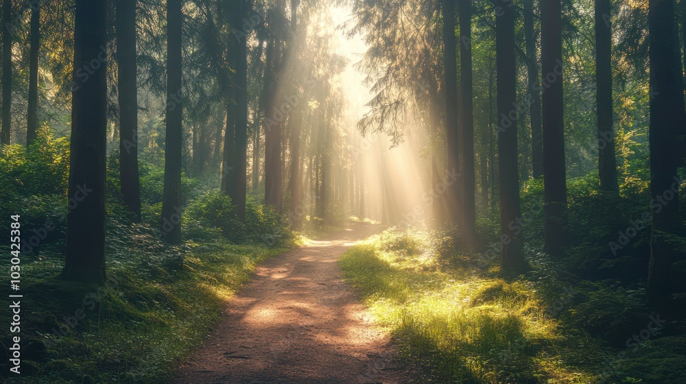 Fototapeta premium Path through a dense forest with sunlight streaming through tall trees