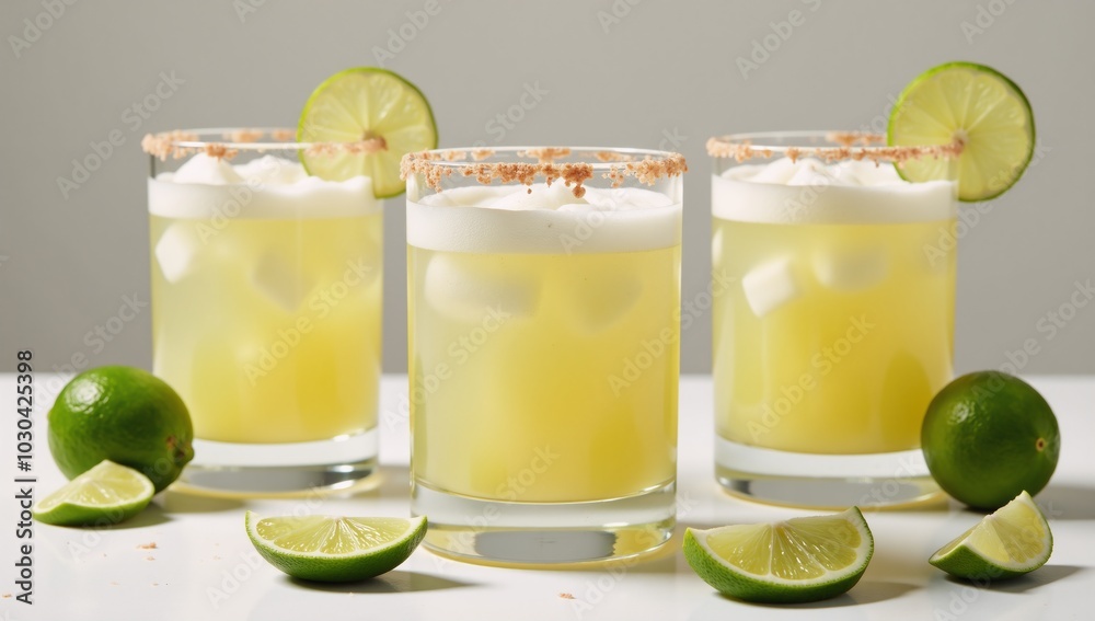 Three salt-rimmed margaritas with lime garnishes