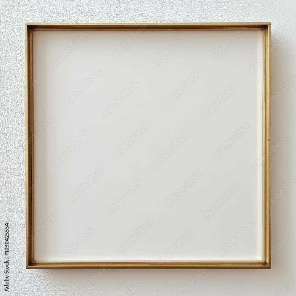 Empty gold frame hanging on white textured wall in minimalistic setting Empty gold frame hanging on white textured wall in minimalistic setting