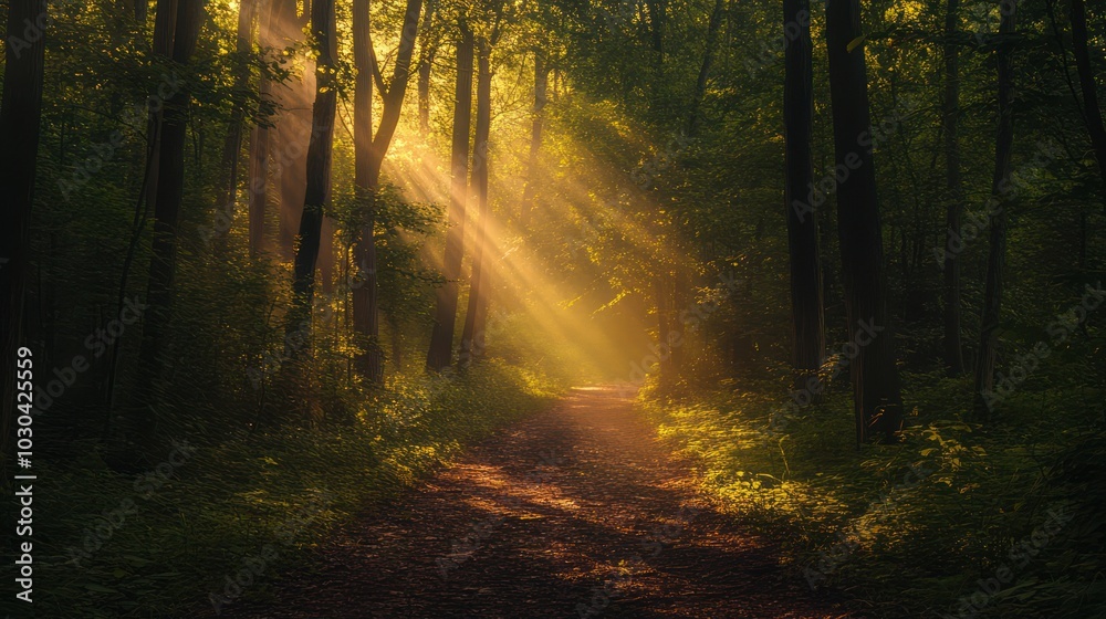 Fototapeta premium Path through a dense forest with sunlight streaming through tall trees