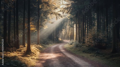 Path through a dense forest with sunlight streaming through tall trees