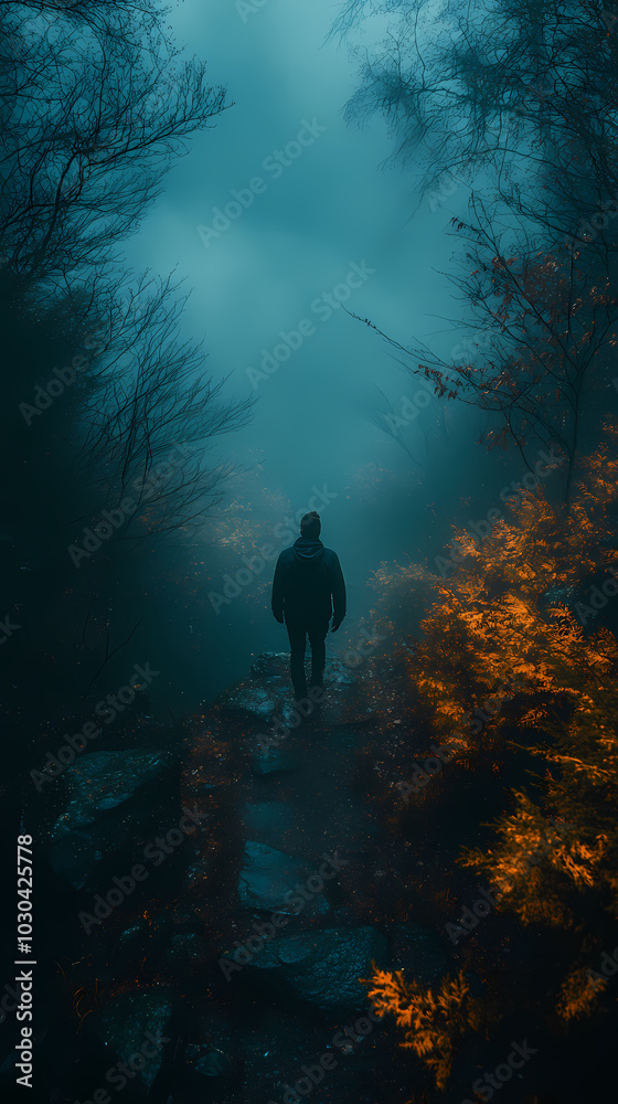 man walking on a path in a strange dark forest with fog man walking on a path in a strange dark forest with fog