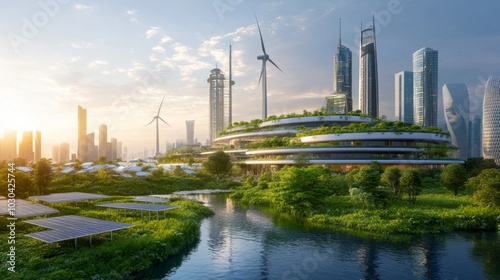 A vibrant urban landscape features skyscrapers with greenery, wind turbines, and solar panels by a river at sunrise, showcasing sustainable architecture and renewable energy.