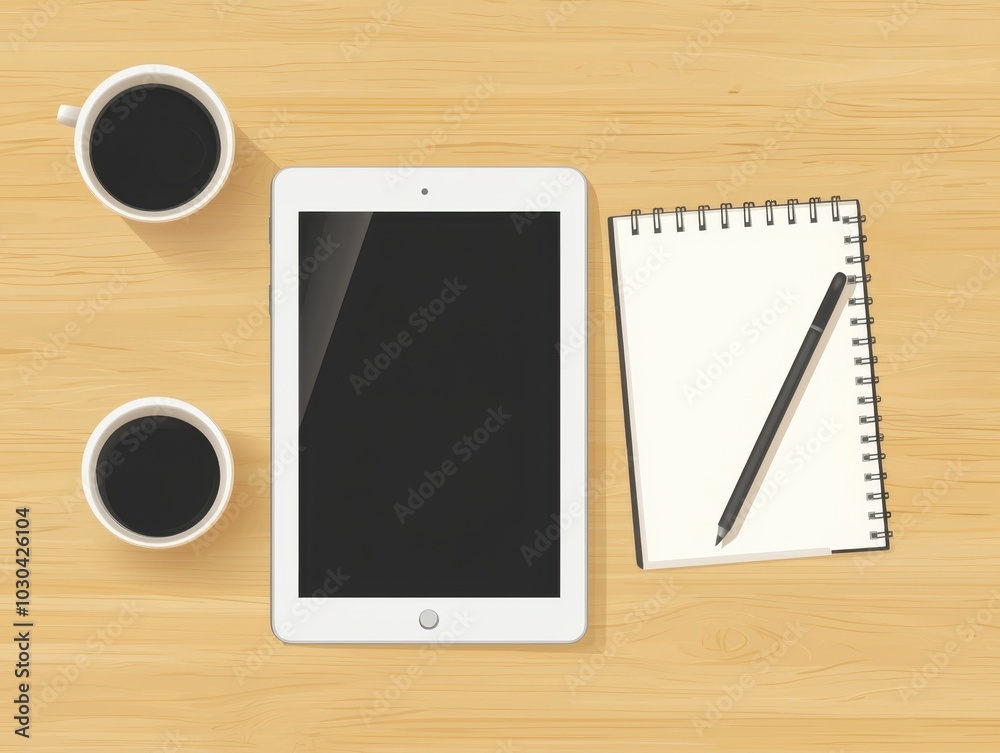 Minimalist Desk Setup with Tablet Stylus and Coffee Cups on a Wooden Surface Minimalist Desk Setup with Tablet Stylus and Coffee Cups on a Wooden Surface