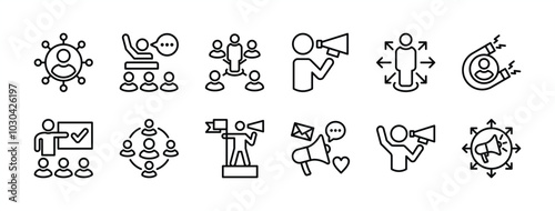 Influencer thin line icon set. Containing promotion, leadership, passion, marketing, social media, community, advertisement, guidance, coaching, confidence, motivation, adviser, campaign. Vector