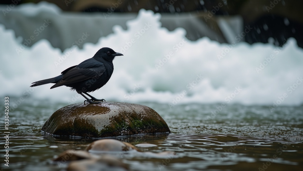Black bird on wet rock amidst rainy stream Black bird on wet rock amidst rainy stream