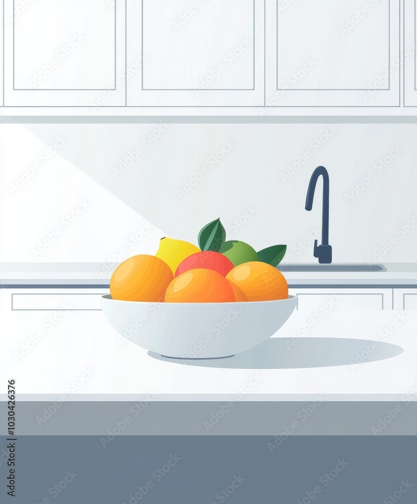 Minimalist Kitchen Scene with a Bowl of Fresh Citrus Fruits Minimalist Kitchen Scene with a Bowl of Fresh Citrus Fruits