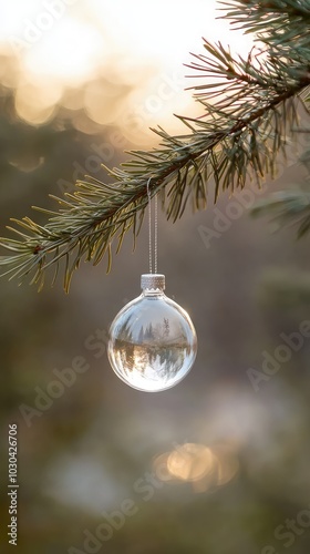 Simple Glass Ornament Hanging from Tree Branch photo