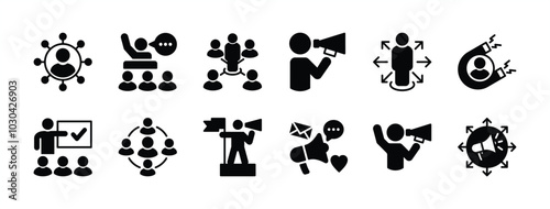 Influencer flat icon set. Containing promotion, leadership, passion, marketing, social media, community, advertisement, guidance, coaching, confidence, motivation, adviser, campaign. Vector