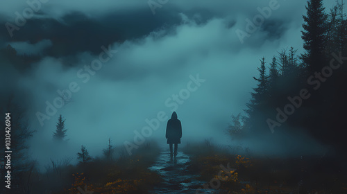 man walking on a path in a strange dark forest with fog