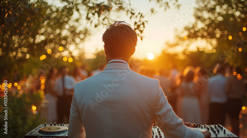 A man in a white suit is playing music at a party. The party is outdoors and the sun is setting in the background