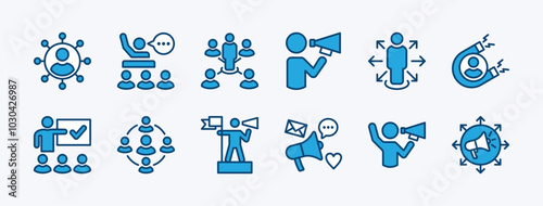 Set of influencer icon. Containing promotion, leadership, passion, marketing, social media, community, advertisement, guidance, coaching, confidence, motivation, adviser, campaign. Vector illustration