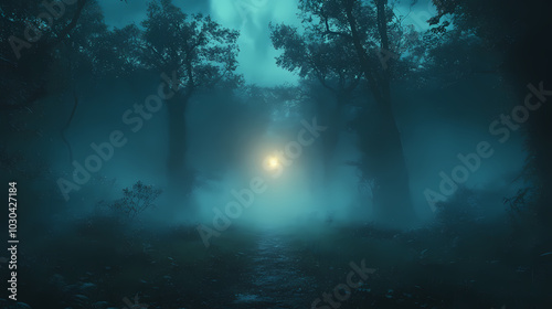 strange light in paranormal forest landscape at night