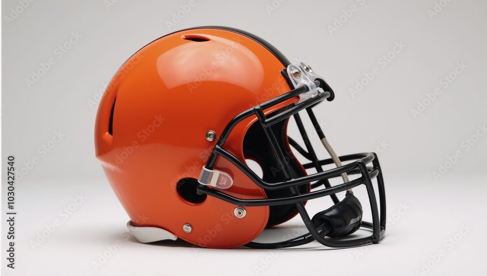 Fototapeta premium Isolated bright orange American football helmet with black faceguard against white backdrop highlights safety and sporty design