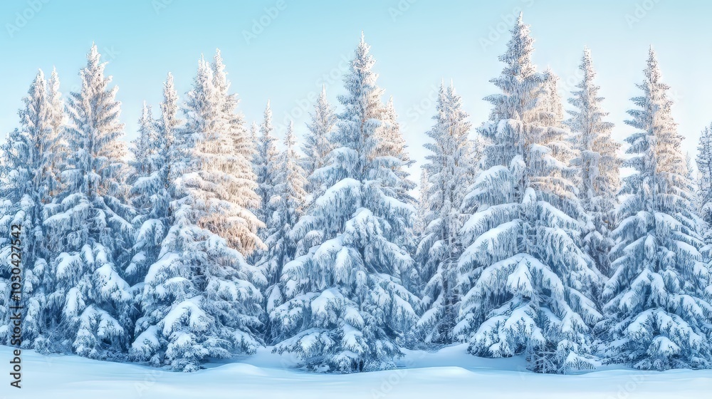 Naklejka premium Tall fir trees stand in a winter forest, their branches heavy with snow. The scene is a peaceful winter wonderland.