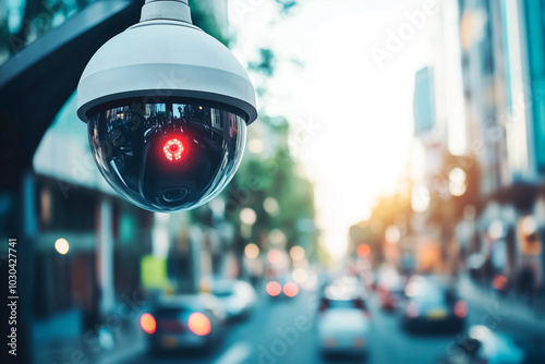 Dome surveillance camera with red light overseeing busy city street
