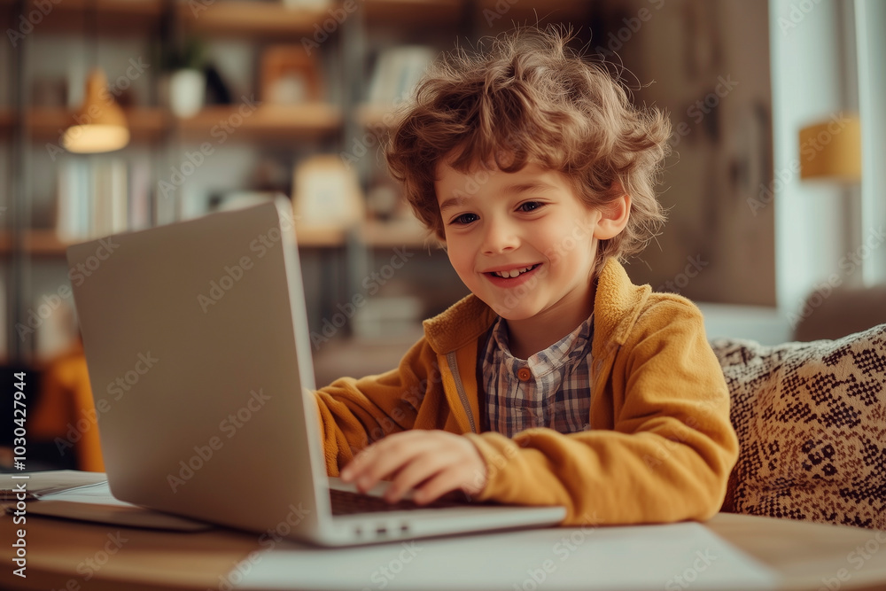 Happy children using laptops for online learning or entertainment at home. Technology use in education or play. Happy children using laptops for online learning or entertainment at home. Technology use in education or play.