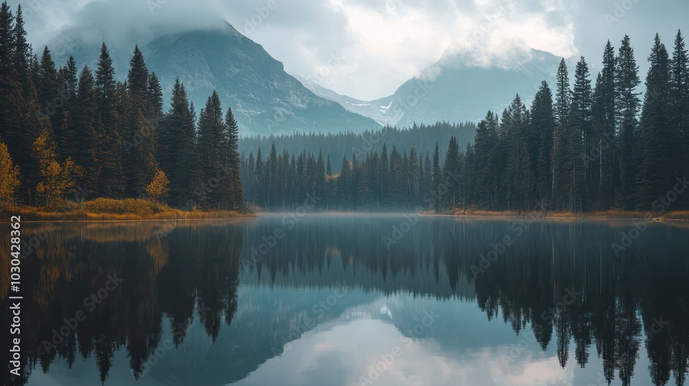 Fototapeta premium Serene lake reflecting pine trees and mountains in the background