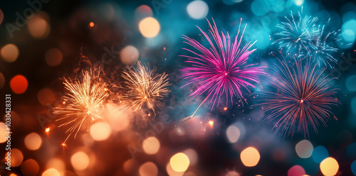 A colorful fireworks display with a blue background. The fireworks are in different colors and are scattered throughout the sky. Scene is festive and celebratory