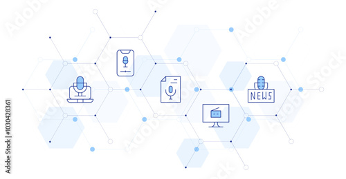 Podcast Banner Vector Illustration with Icon Style in Between. Line Duotone icon. Containing computer, smartphone, podcast, transcription, news