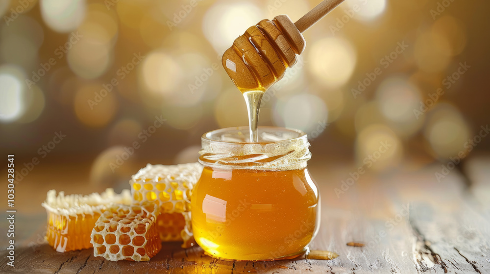 A delicious jar of honey with a dipper and honeycomb displayed against a softly glowing background A delicious jar of honey with a dipper and honeycomb displayed against a softly glowing background