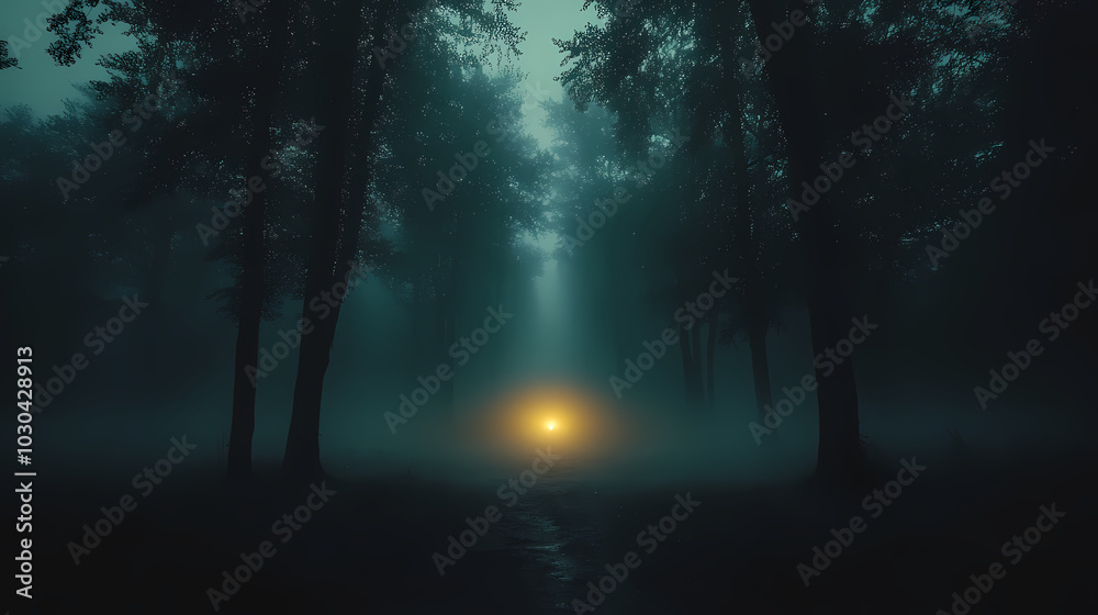 strange light in paranormal forest landscape at night