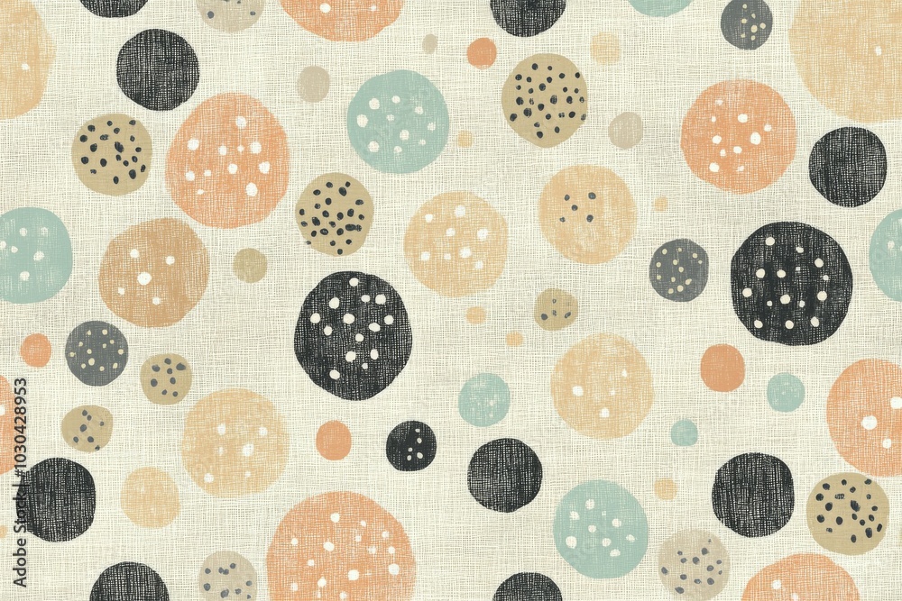 Seamless pattern of circular shapes in neutral tones and textured designs creating a balanced calming composition with a retro inspired aesthetic