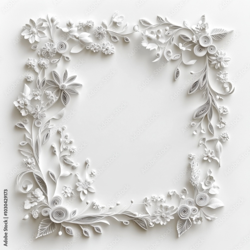 Intricate floral paper quilling border design with delicate white flowers and leaves Intricate floral paper quilling border design with delicate white flowers and leaves
