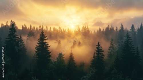 Sunrise over a tranquil forest with mist rolling through the trees