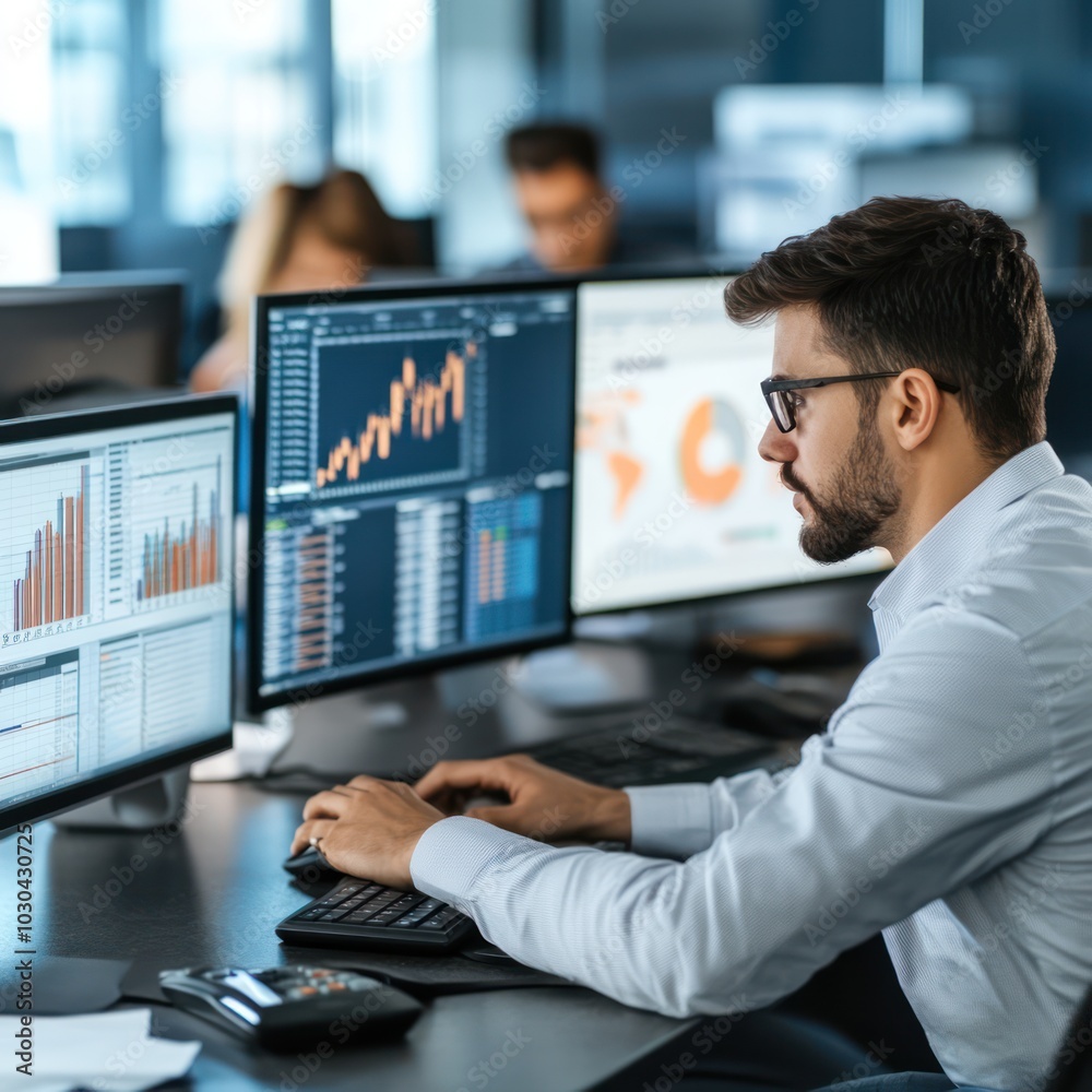 Team of financial analysts reviewing charts and graphs on multiple computer screens. Team of financial analysts reviewing charts and graphs on multiple computer screens.