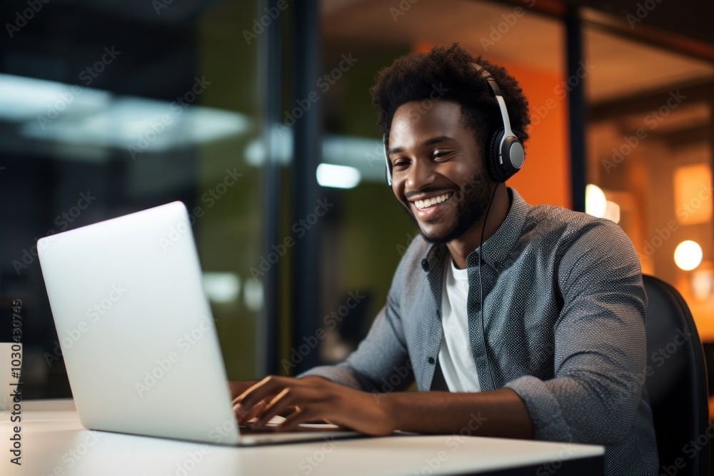 Black man working at call center laptop headphones computer. Black man working at call center laptop headphones computer.