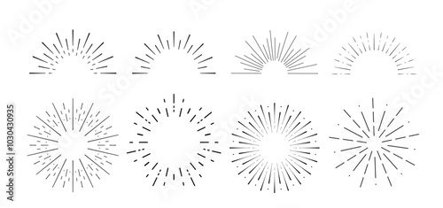 Sun ray vector drawing. Black round icons set. Burst logo.