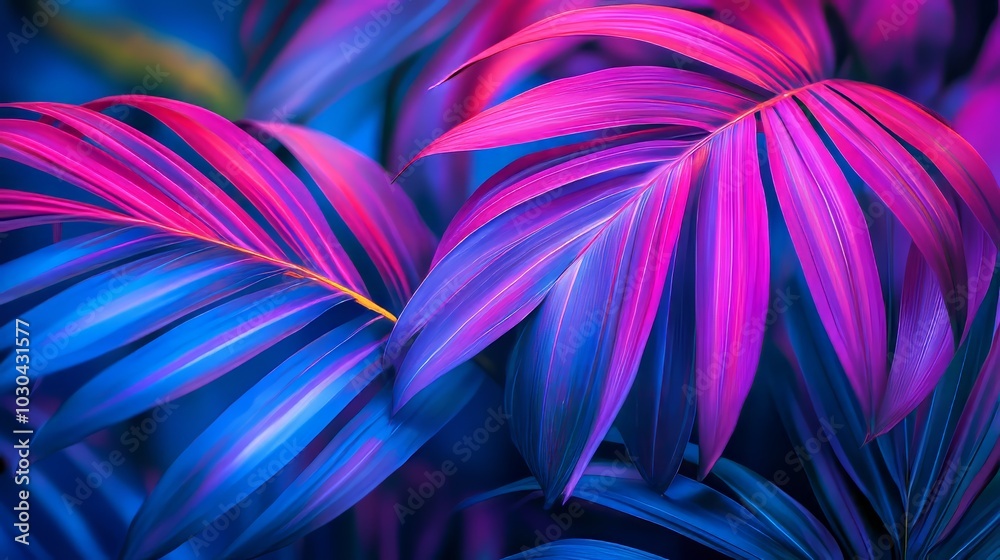Vibrant blue and purple tropical leaves glow like neon under a dark blue and purple sky. The close-up details are striking and create a futuristic, exotic, and trendy look. Vibrant blue and purple tropical leaves glow like neon under a dark blue and purple sky. The close-up details are striking and create a futuristic, exotic, and trendy look.