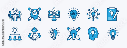 Set of business creativity icon. Containing light bulb, teamwork, puzzle, meeting, handshake, thinking, innovation, solution, team management, creative idea, invention, education. Vector illustration