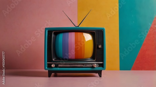 Classic old tv with rainbow colors on screen against modern pastel wall