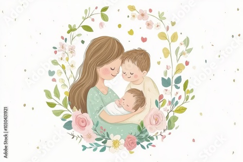 Elegant illustration of a mother cradling her two children in a nature filled floral setting symbolizing maternal care family love and the serenity of nature in soft pastel tones