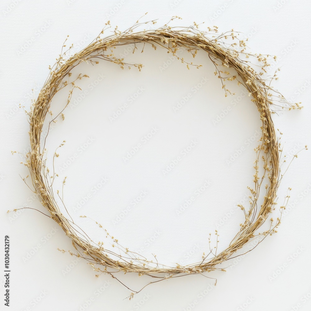 Fototapeta premium Minimalist circular floral wreath made of twigs and dried branches on white background