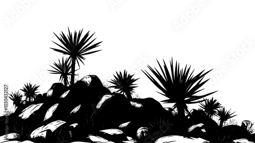 Agave plants growing on a rocky hillside in an arid landscape, vector illustration art