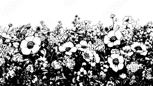 Expansive floral wall composed of dense clusters of flowers for an event backdrop, vector illustration art