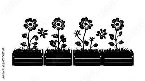 Organic flower farm with plants in raised beds for natural pest control, vector illustration art
