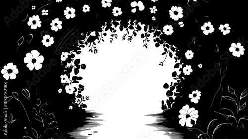 Immersive floral tunnel installation with flowers covering both sides of a passageway, vector illustration art