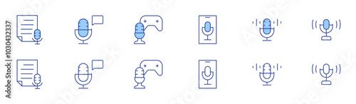 Podcast icon set in two styles, Duotone and Thin Line style. Editable stroke. record, transcription, podcast, broadcasting