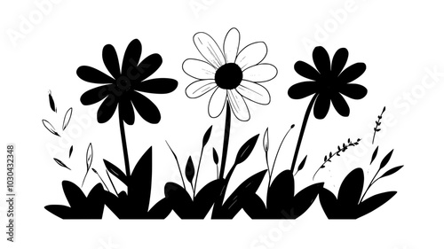 Asters growing naturally among other autumn plants in a meadow, vector illustration art