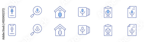 Podcast icon set in two styles, Duotone and Thin Line style. Editable stroke. smartphone, podcast, script, search, studio, transcription