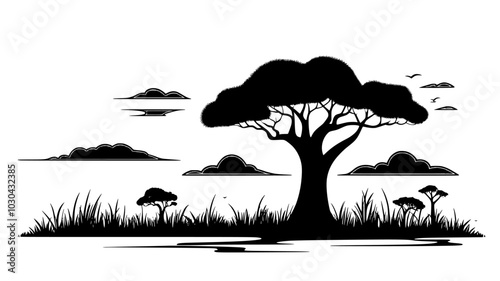 Baobab tree with a swollen trunk in the African savanna, vector illustration art