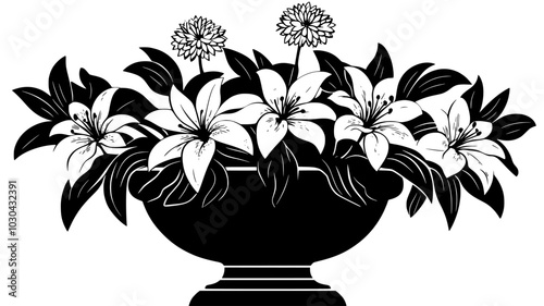 Arrangement of lilies and chrysanthemums in brass urn, vector illustration art