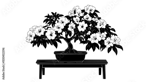 Azalea bonsai covered in flowers on a wooden bench, vector illustration art